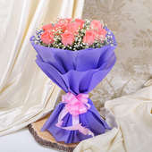 Bouquet of 10 Pink Roses in Purple Paper