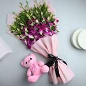 Pink Teddy And Purple Orchid Bouquet