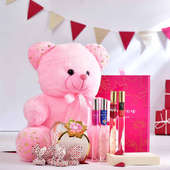 Pink Teddy With Perfumes N Handmade Chocolates