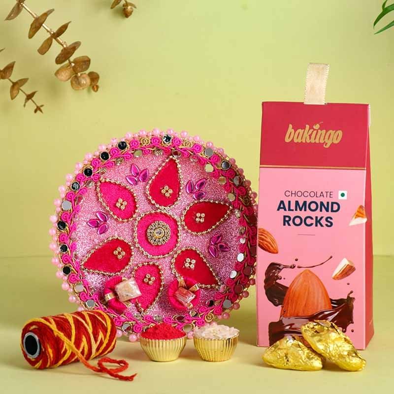 Pink Tika Thali N Almond Rocks For Bhai Dooj-UAE