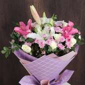 Cute Pink White Blooms - Pink N White Lilies, Pink Daisy and 15 White Rose