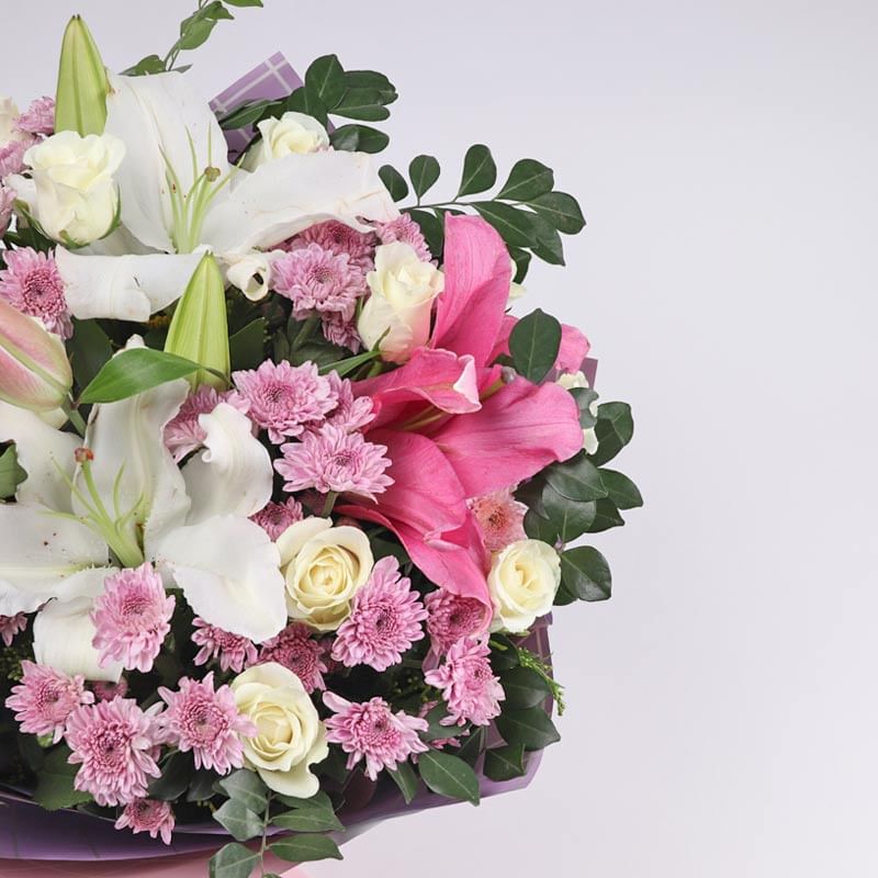 Pink White Blooms - Pink N White Lilies, Pink Daisy and 15 White Rose (Top)