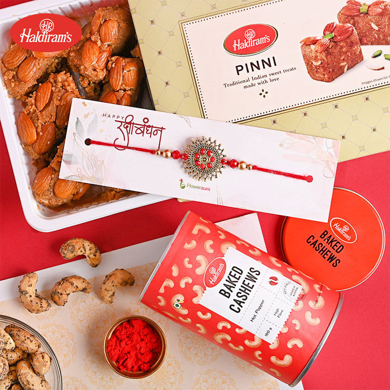 Buy Fancy Rakhi Online For Brotherwith Sweets - Authentic Pinni n Baked Cashews With Oxidised Mandala Rakhi