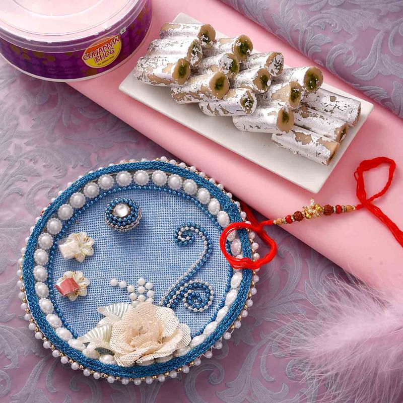 Pista Roll With Pearl Thali N Rudraksh Beads Rakhi