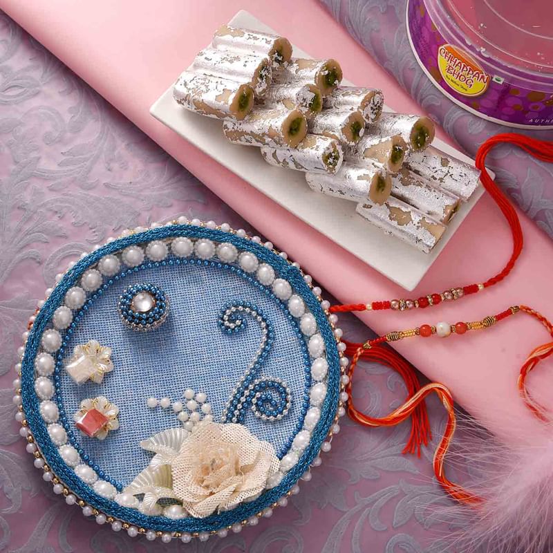 Pista Roll With Pearl Thali N Two Rakhis