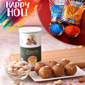Pistachios And Panjiri Ladoos With Two Silk Gulaals Gift Hamper for Holi