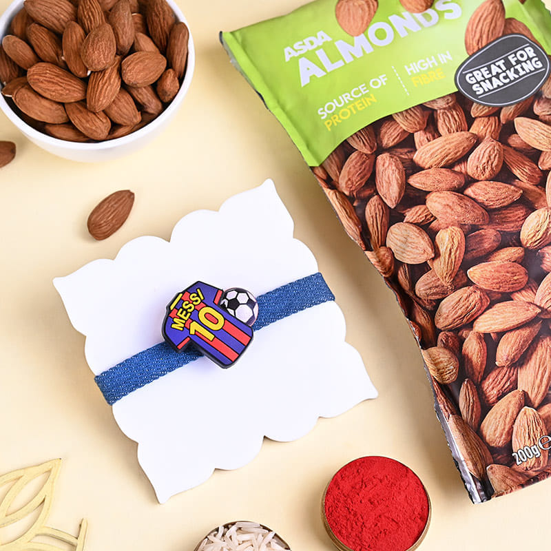 Playful Kids Messi Rakhi With Almonds