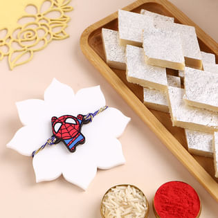 Playful Spiderman Rakhi With Kaju Katli