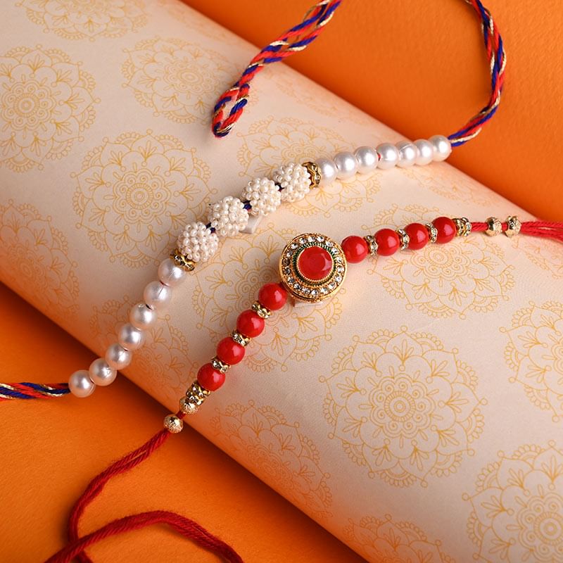 Designer Plush Light Pink N Red Rakhi Set Online - Pearl Rakhi