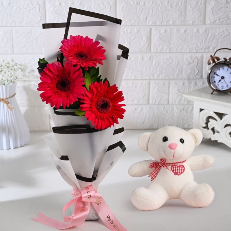 Pop Of Pink Gerberas With Teddy