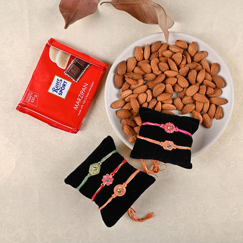 Power Of Five Rakhi Pack: Set of 5 Designer Rakhis with Almonds to Germany