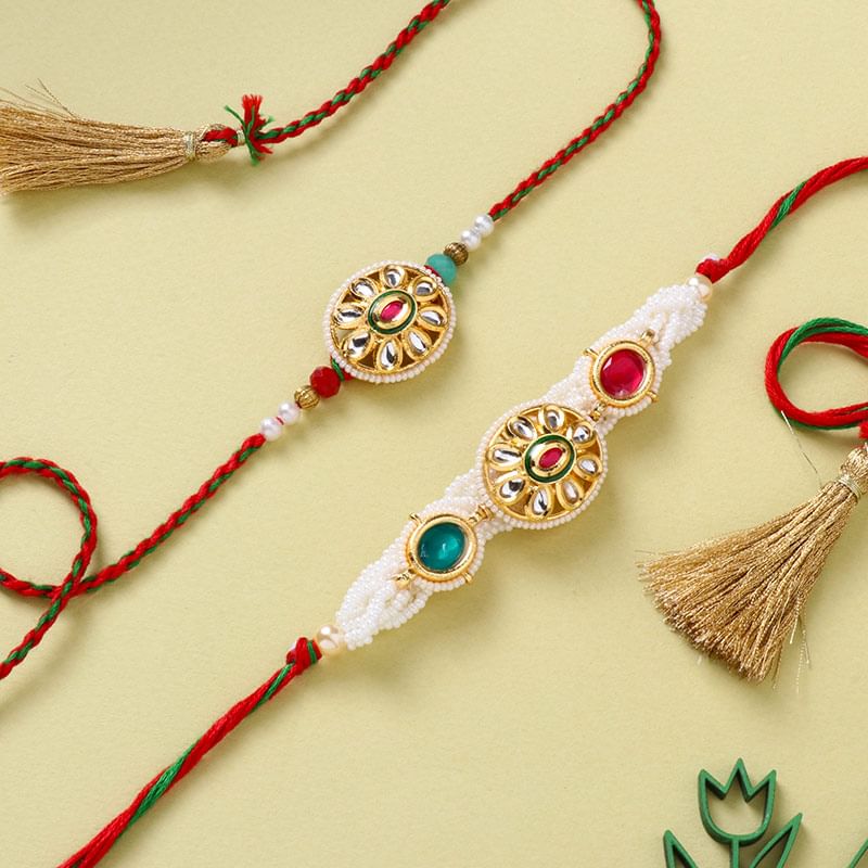 Premium Kundan And Beadwork Couple Rakhi Set