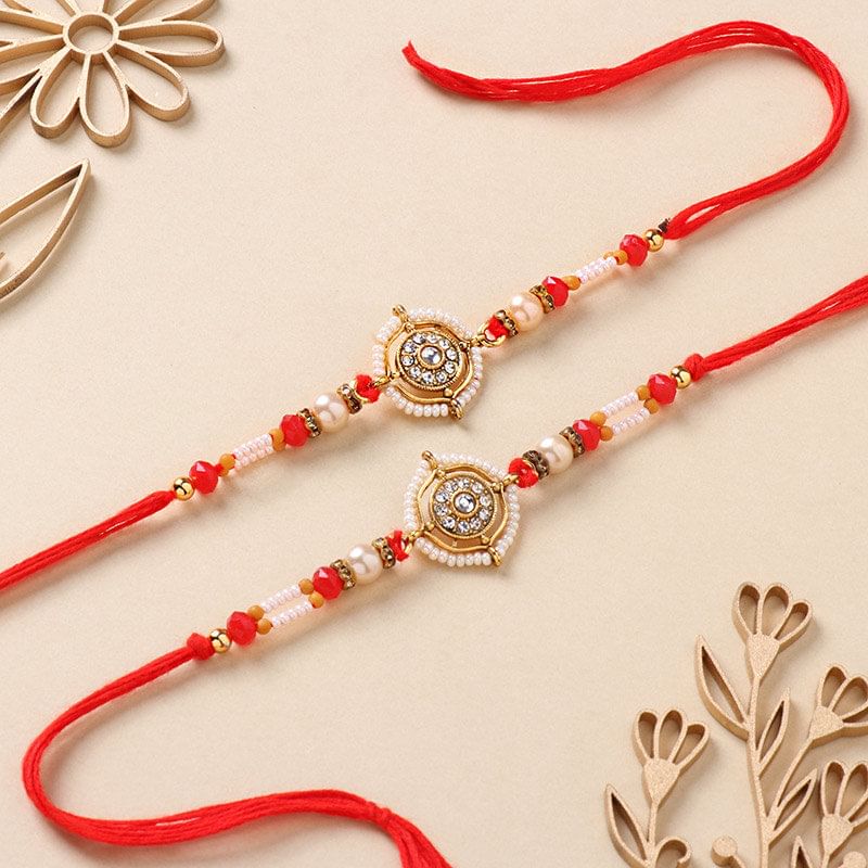 Red White Pearls N Beads Rakhi Set