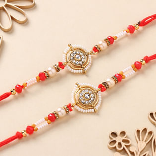 Set of 2 Red White Pearls N Beads Rakhi