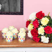 Pretty Carnation Combo - Bunch of 12 Mixed Carnations with 6 Vanilla Cup Cakes
