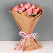 Bunch of Pink Roses in Jute Packing