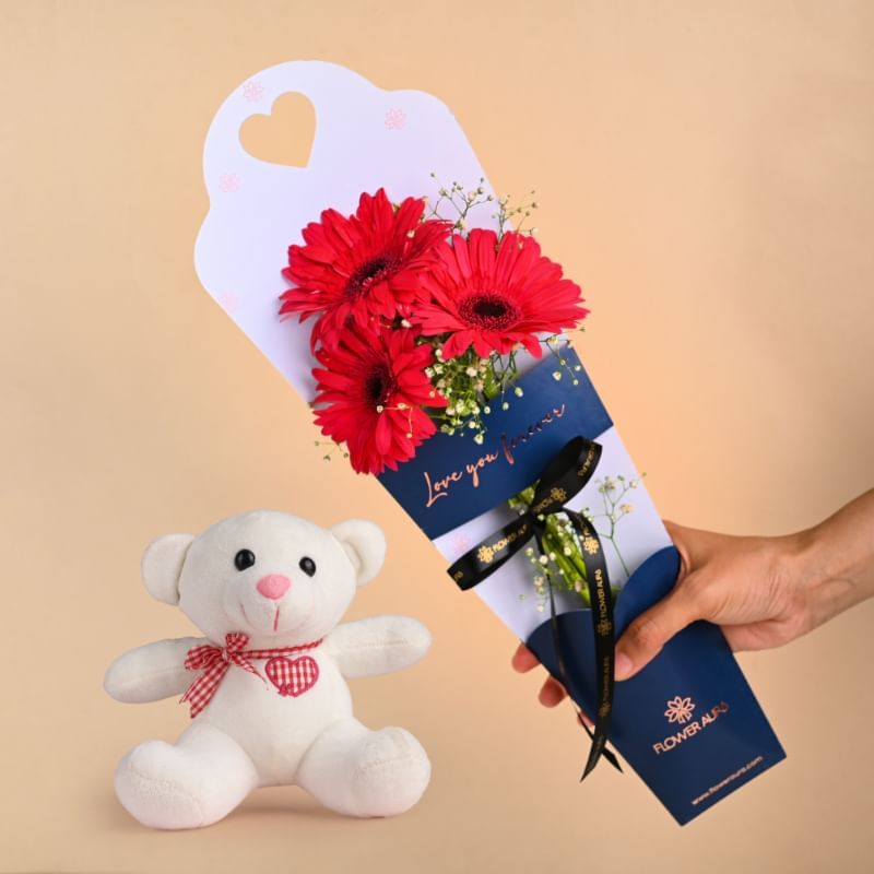 Pretty Pink Gerberas With Cute Teddy
