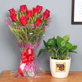 Prosperous Love Combo - Good Luck Plant Indoors in FlowerAura Rhonda Vase with Bunch of 10 Red Roses
