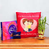Rakhi and Cushion with Lucky Bamboo and Chocolates Box