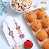 Purple Bhai Bhabhi Rakhis With Cashews N Ladoos