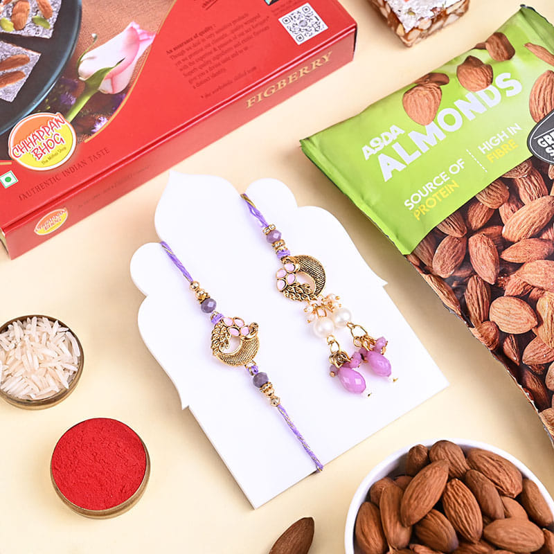 Purple Bhaiya Bhabhi Rakhis With Sweets N Almonds