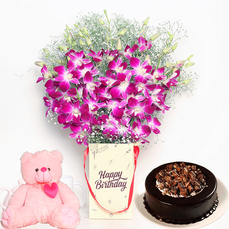 Purple Lilies With Cake N Teddy - Bunch of 6 Purple Orchids with Birthday Flower Box and 500gm Chocolate Cake