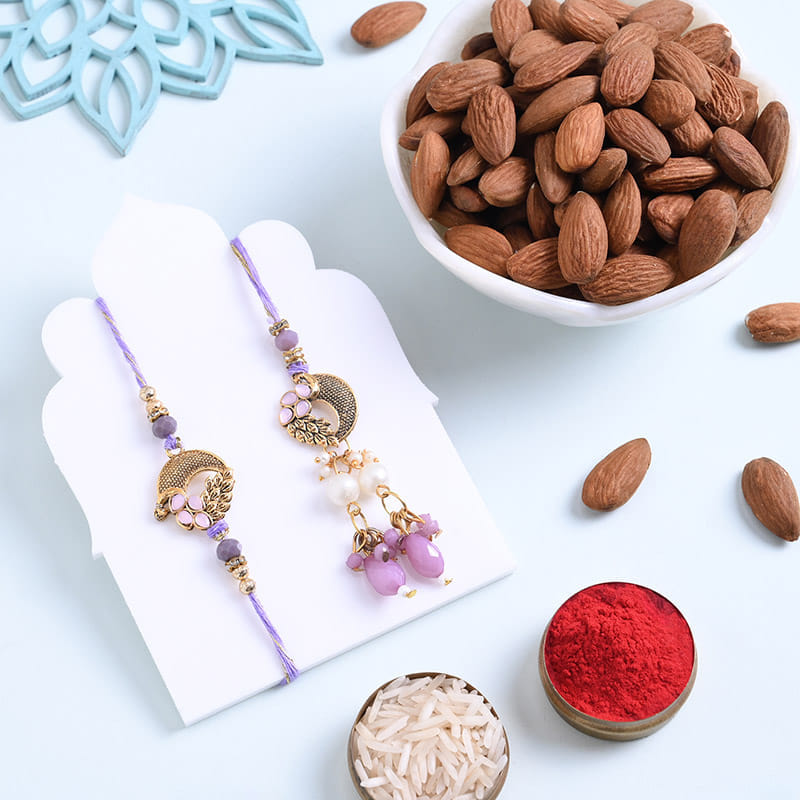 Purple N Golden Bhaiya Bhabhi Rakhis With Almonds