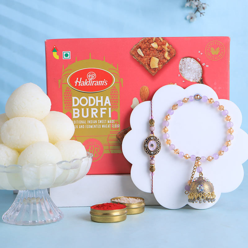 Purple N Golden Bhaiya Bhabhi Rakhis With Sweets