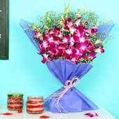 Purplicious Red Velvet - Bunch of 6 Purple Orchids with 2 Red Velvet Jar Cakes