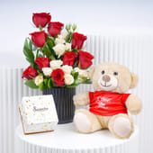 Quiet Roses With Chocolates N Teddy