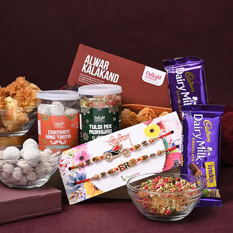 Kalakand With Bro N Bullet Rakhi N Chocolates: Set of 2 rakhi with chocolates