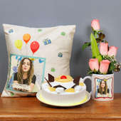 One Personalised Ceramic Mug Personalised Cushion with 5 Pink Roses and 500gm Pineapple Cake