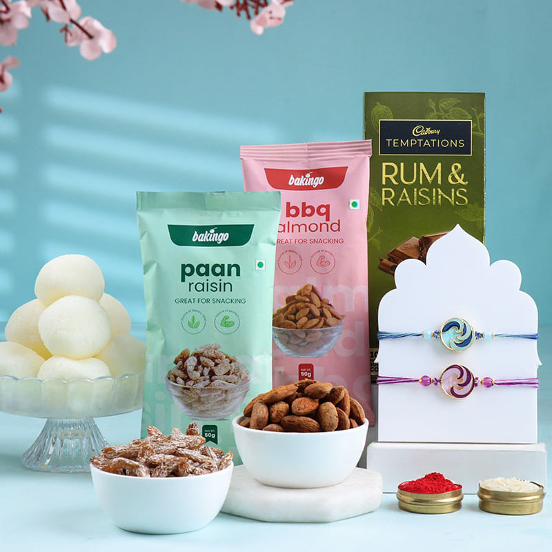 Quirky Rakhi Duo With Treat Hamper