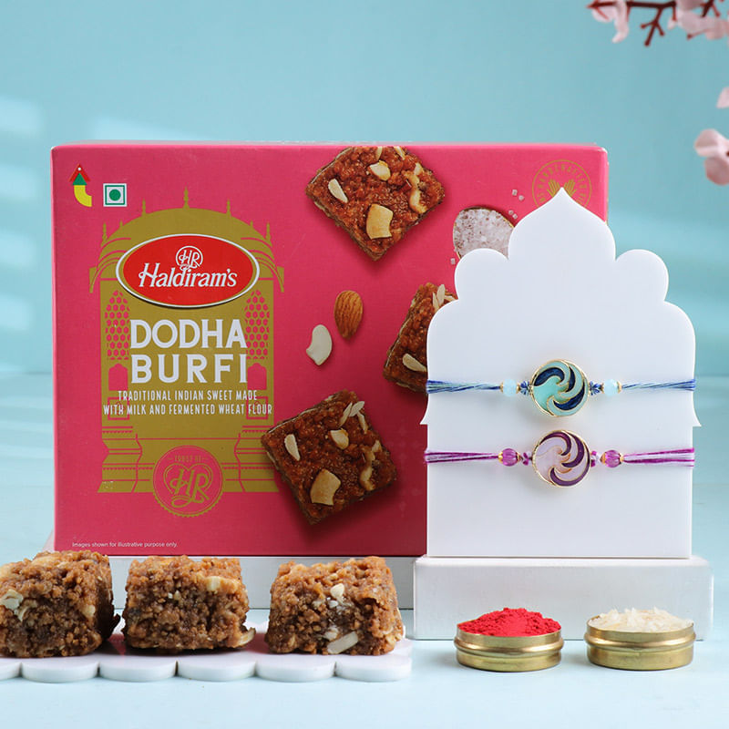 Quirky Spiral Rakhi Duo With Dodha Barfi