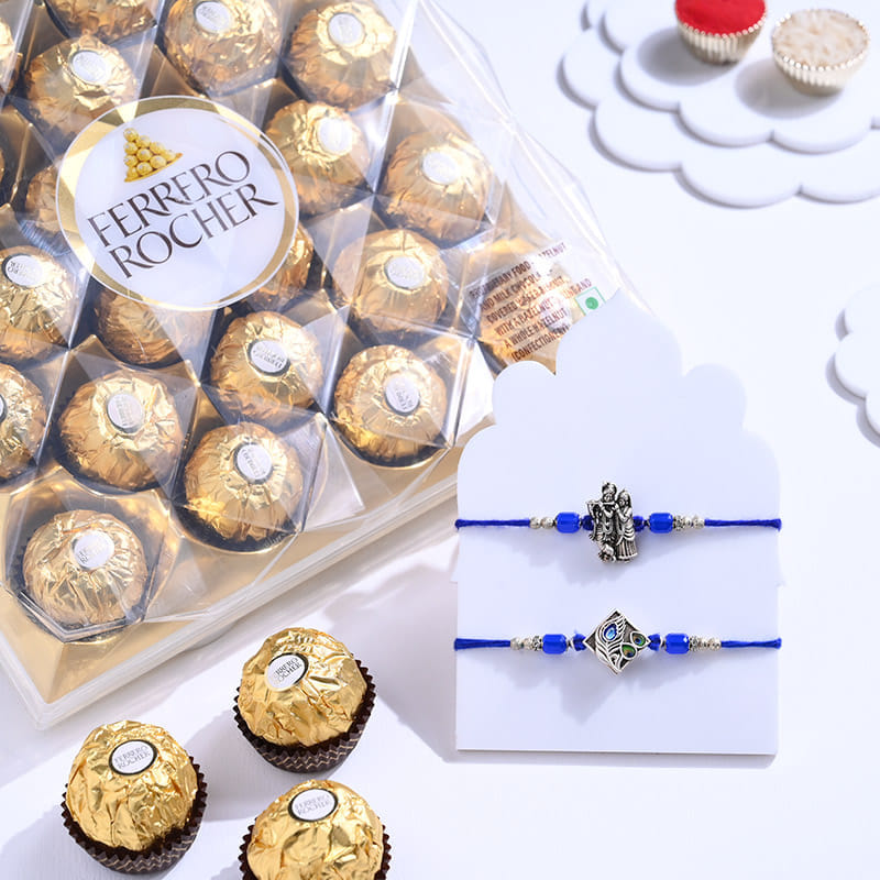 Radha Krishna Blessings Rakhi Duo With Chocolates