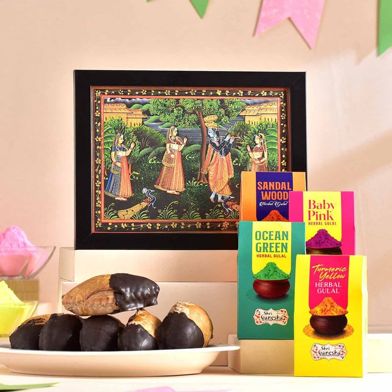 Radha Krishna Painting With Gujiya And Gulals