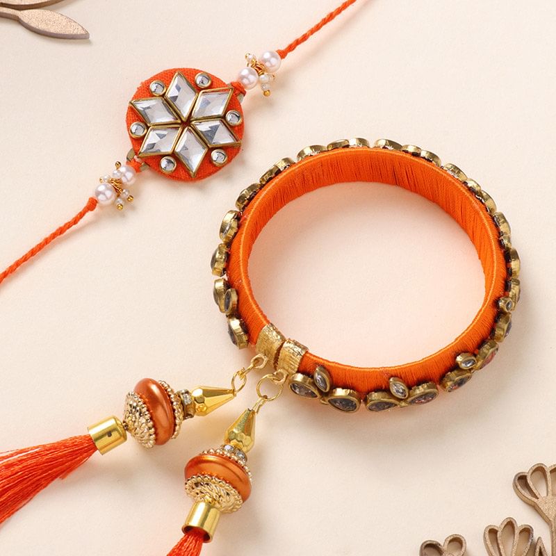 Radiant Orange Bhaiya Bhabhi Rakhi Set