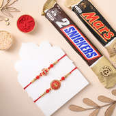 Set of 2 Radiant Red Rakhis With Mar Bar and Snicker Chocolate