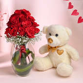 Radiant Roses in Vase with Teddy Bear