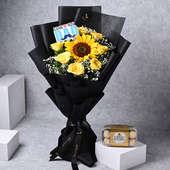 Radiant Sunflower N Roses With Rochers