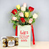 Rainbow Roses Rocher Combo - Bunch of 10 Mixed Roses with Sister Flower Box and Pack of 16 Ferrero Rochers