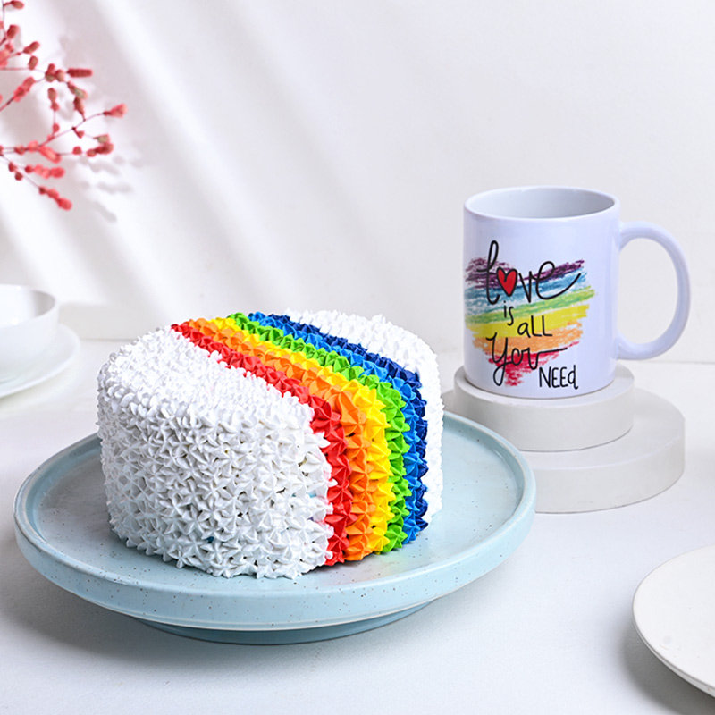 Rainbow Vanilla Cake with Love Mug