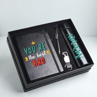 Rakhi Combo With Black Diary Pen Bottle N Keychain