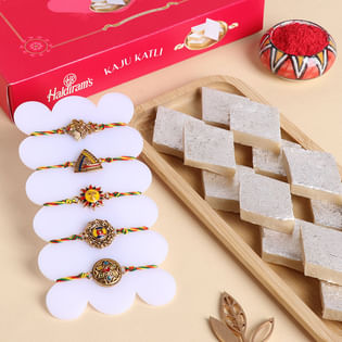 Set of Five Radiant Designer Rakhi With Kaju Katli