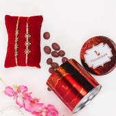 Rakhi Set Choco Combo - Set of 2 Designer Rakhis with Complimentary Roli and Chawal and 100gm Choco Raisins in Metallic Container