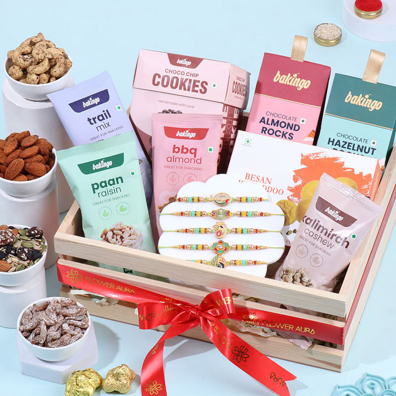 Rakhi Set Of Five With Ladoos N Gourmet Munchies