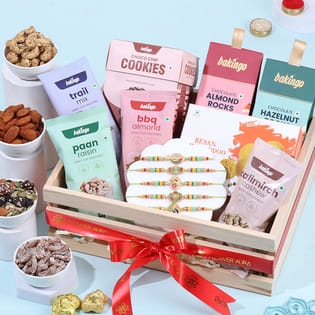 Rakhi Set Of Five With Ladoos N Gourmet Munchies-UAE