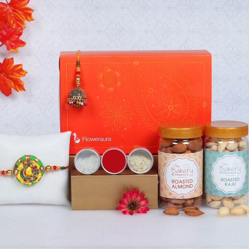 Rakhi Signature Box For Bhaiya Bhabhi - Set of Bhaiya Bhabhi Designer Rakhi with Roli and Chawal and Roasted Cashews and Roasted Almonds and One Floweraura Signature Box