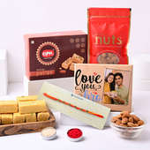 Designer Rakhi Combo With Personalised Wooden Plank N Dry Fruits