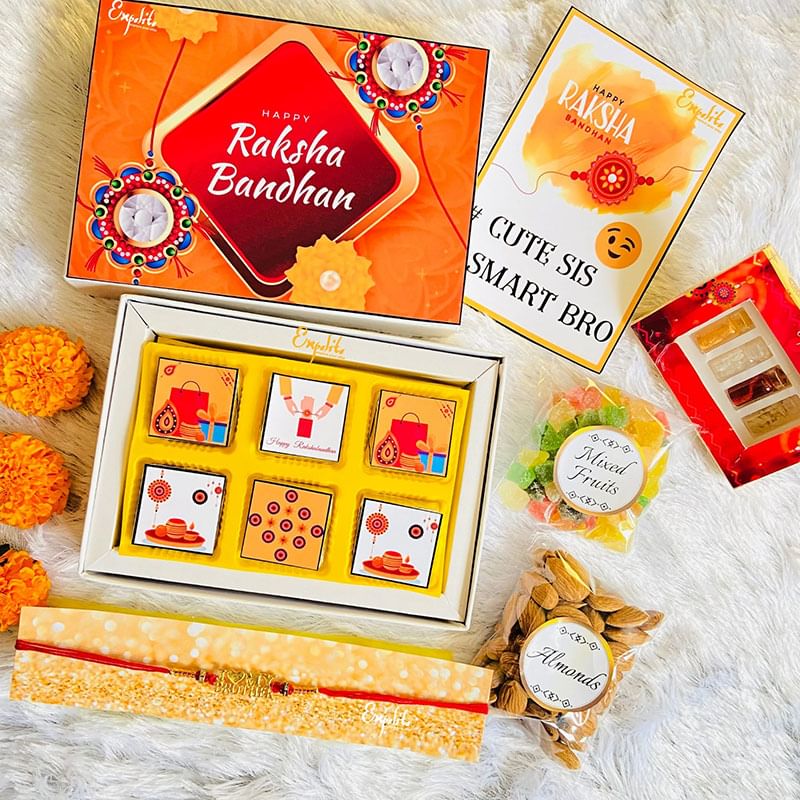 Rakhi With Sweets Chocolates Card N Dry Fruits